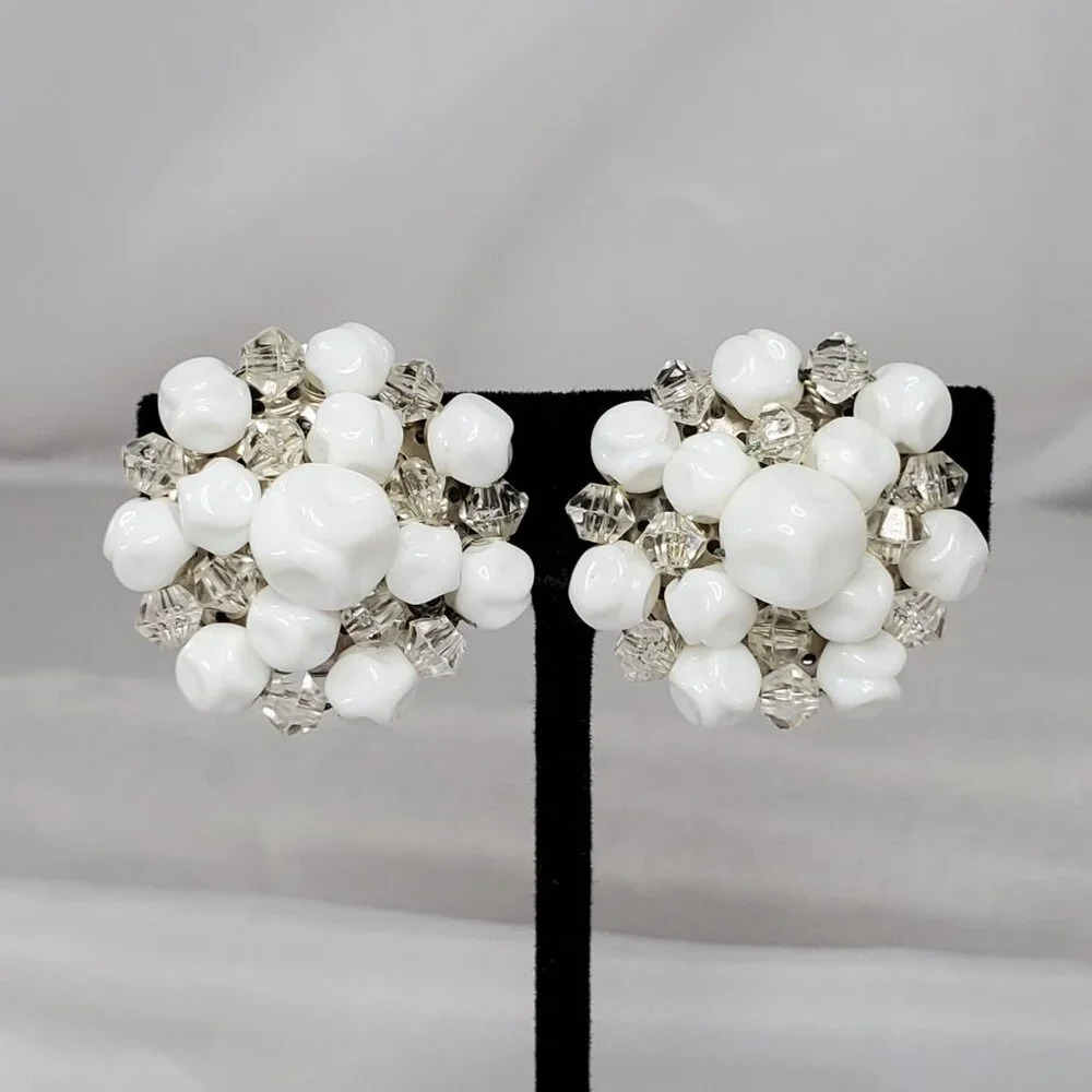 Vintage White Milk Glass Beaded Clip-On Earrings Made In Germany